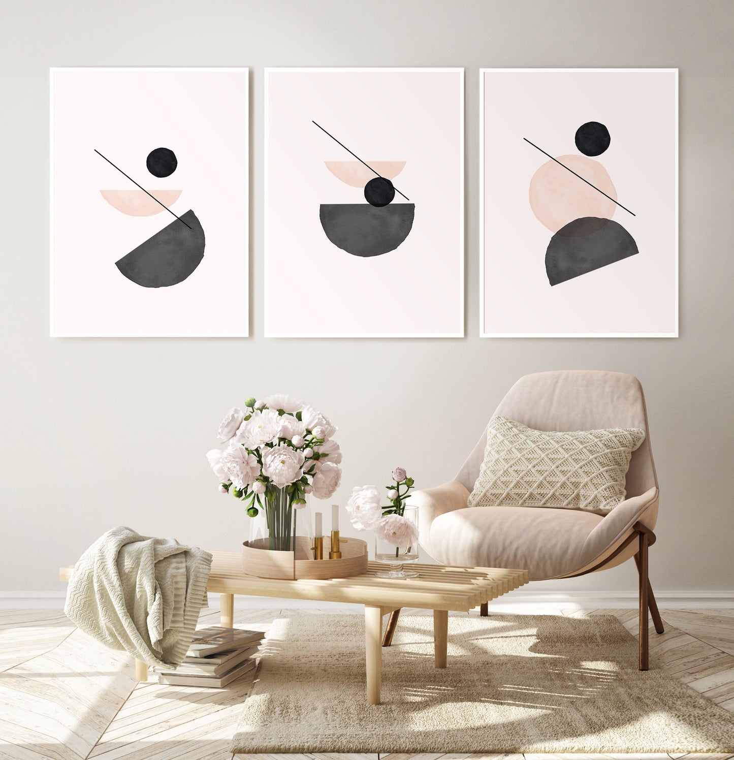 Modern Mid Century Style Minimalist Painting Set of 3, Terracotta Print Set of 3