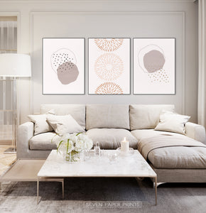 Mid Century Line Art Set of 3, Brown Pink Abstract Wall Art Set