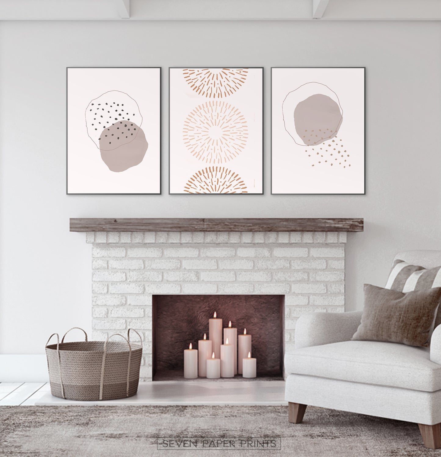 Mid Century Line Art Set of 3, Brown Pink Abstract Wall Art Set