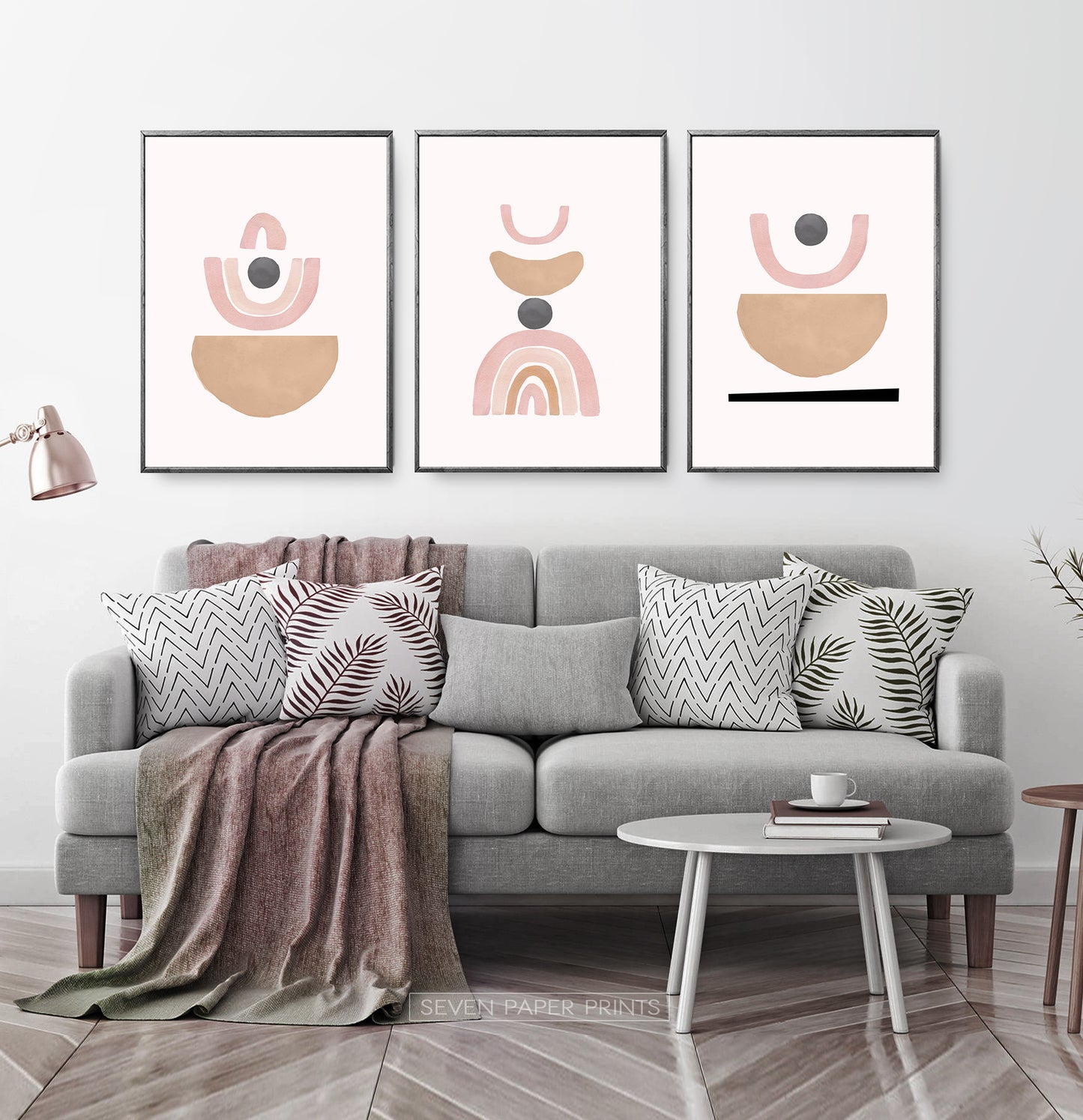Terracotta Color Abstract Set of 3 Prints, Neutral Color Geometric Wall Art Set