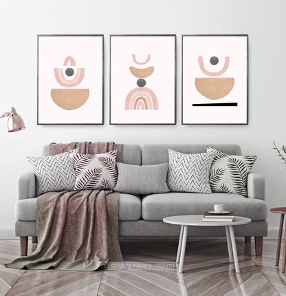 Terracotta Color Abstract Set of 3 Prints, Neutral Color Geometric Wall Art Set