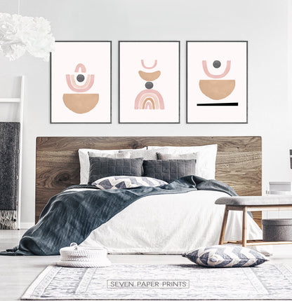 Terracotta Color Abstract Set of 3 Prints, Neutral Color Geometric Wall Art Set