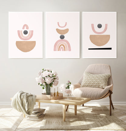 Terracotta Color Abstract Set of 3 Prints, Neutral Color Geometric Wall Art Set