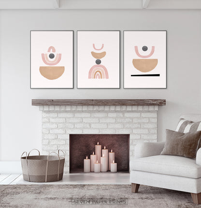Terracotta Color Abstract Set of 3 Prints, Neutral Color Geometric Wall Art Set