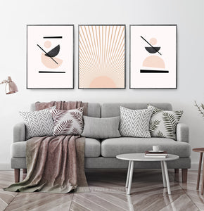 Sun Art in Neutral Soft Colors, Boho Minimalist Wall Art Set of 3
