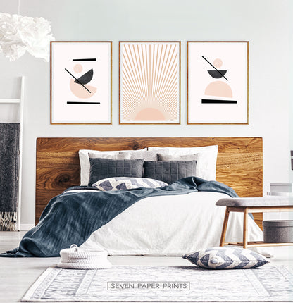 Sun Art in Neutral Soft Colors, Boho Minimalist Wall Art Set of 3