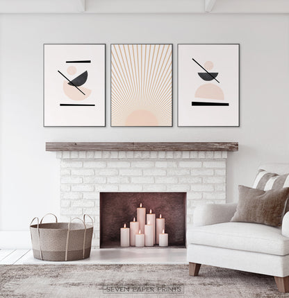 Sun Art in Neutral Soft Colors, Boho Minimalist Wall Art Set of 3