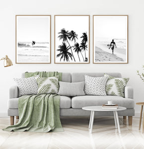Black and White Surfing Wall Art with Palm Trees and Ocean Beach