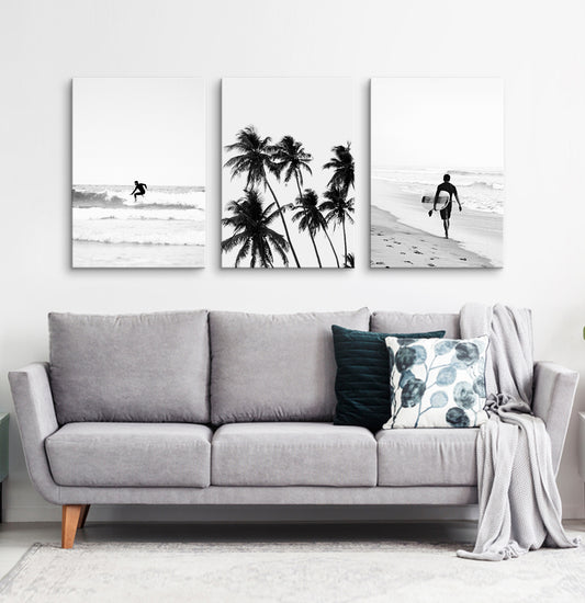 Black and white 3 piece surfing canvas prints #270