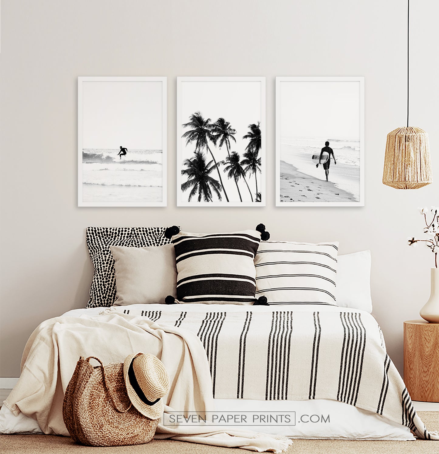 3 Piece Black and White Framed Surfing Posters with Palms