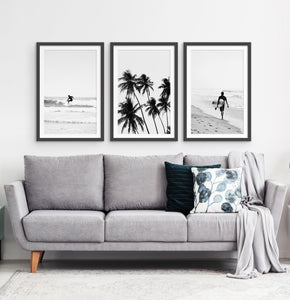 3 Piece Black and White Framed Surfing Posters with Palms