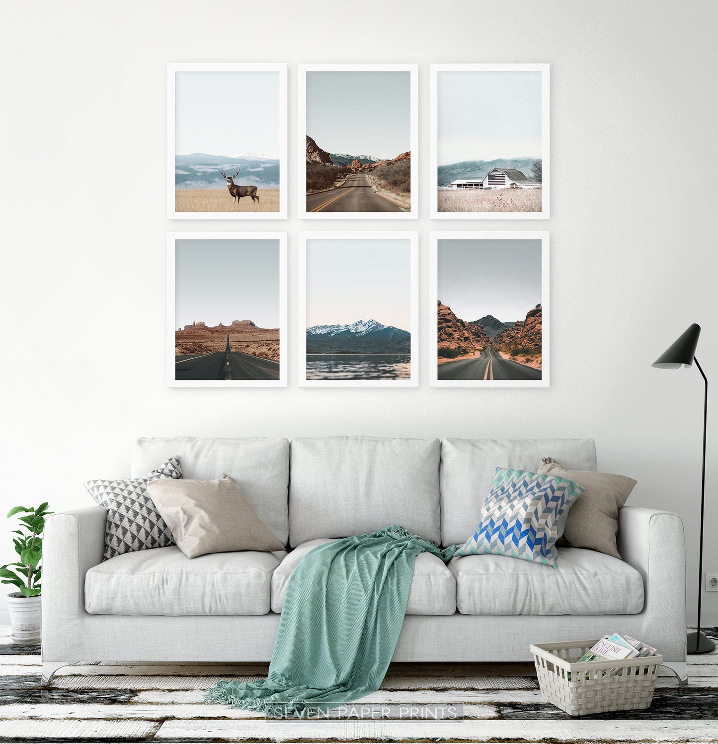 White-framed Set of 6 above the white sofa