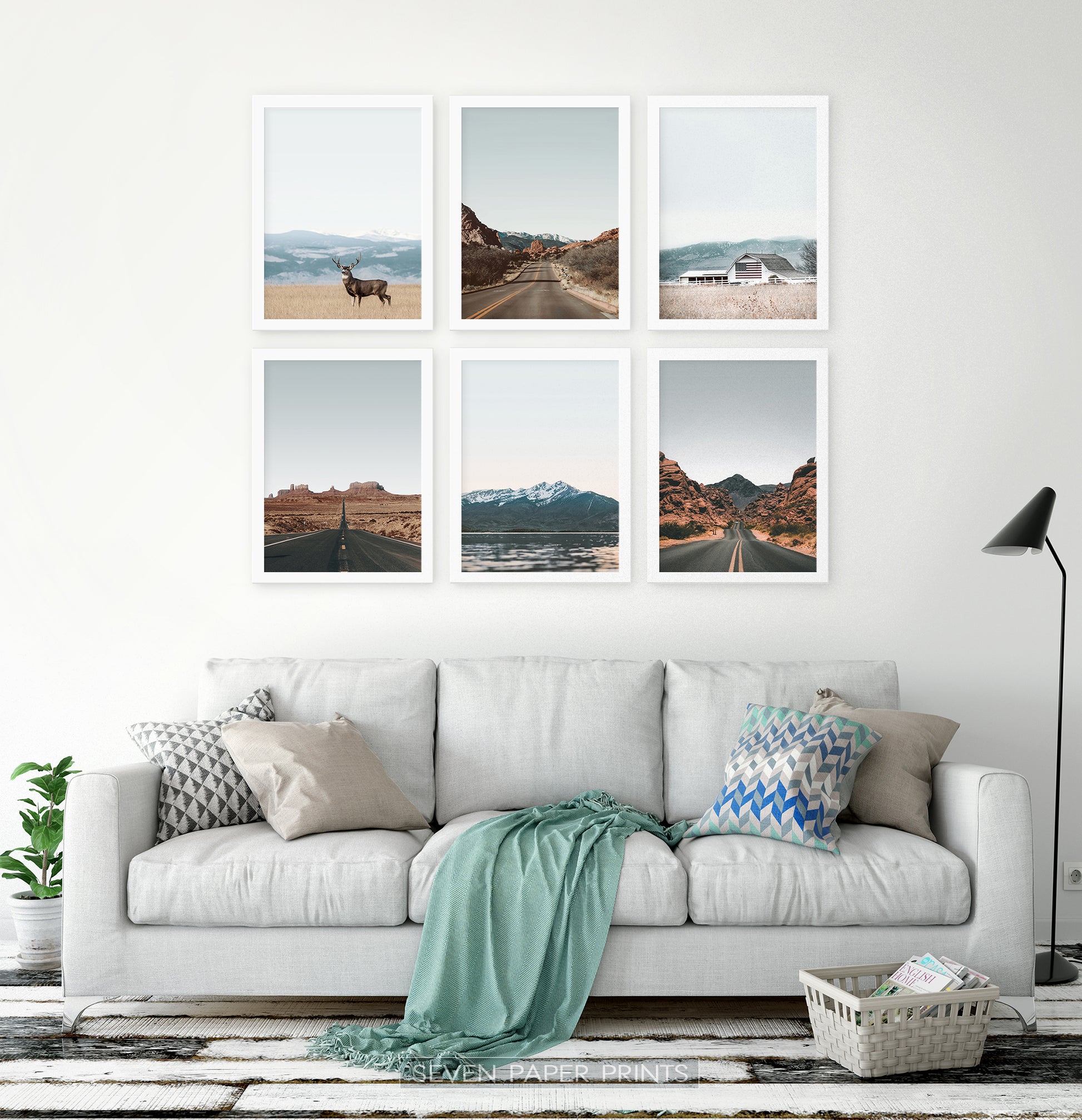 White-framed Set of 6 above the white sofa