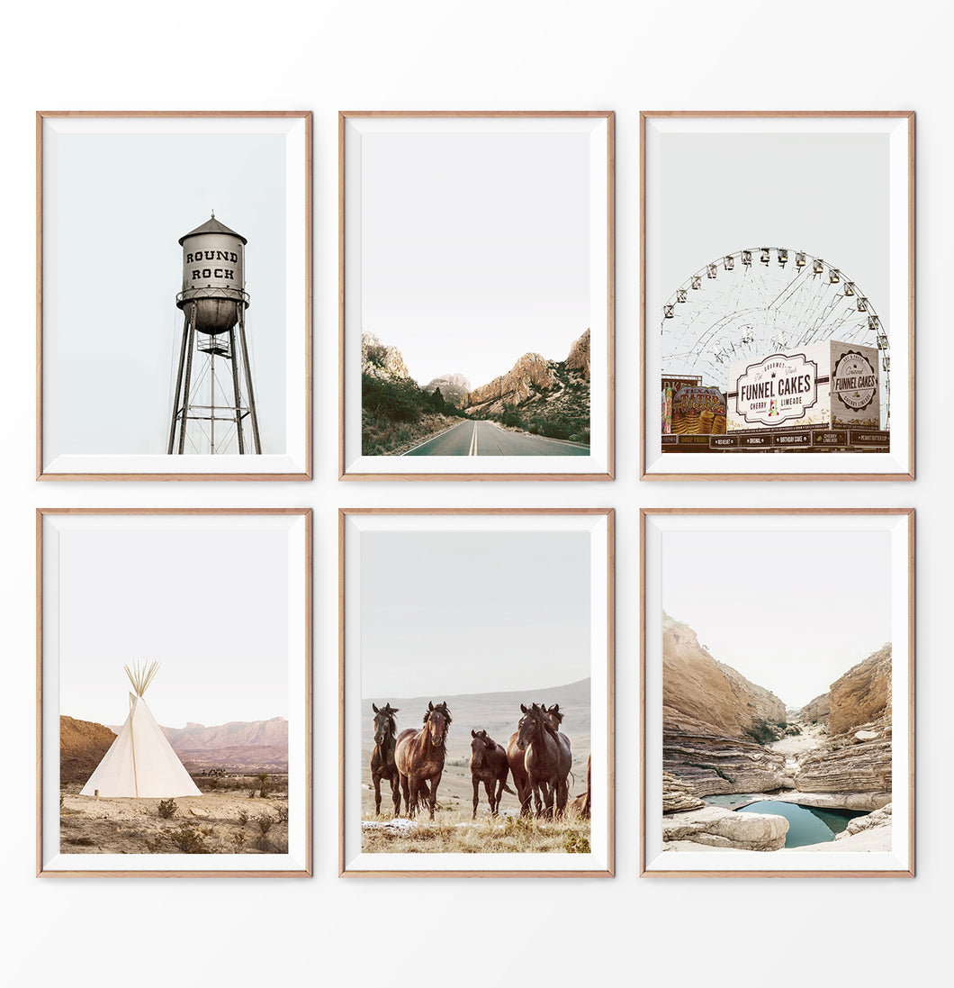 Nature beauty set of 6 prints, horses, Mountain Lake, camp, road