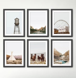 Water Tower, Highway, Ferris Wheel, Tipi, Horses, Canyon 6 Piece Framed Prints