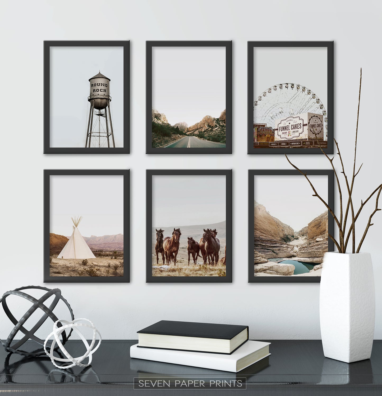Black-framed Set Of 6 Above a Black Shelf