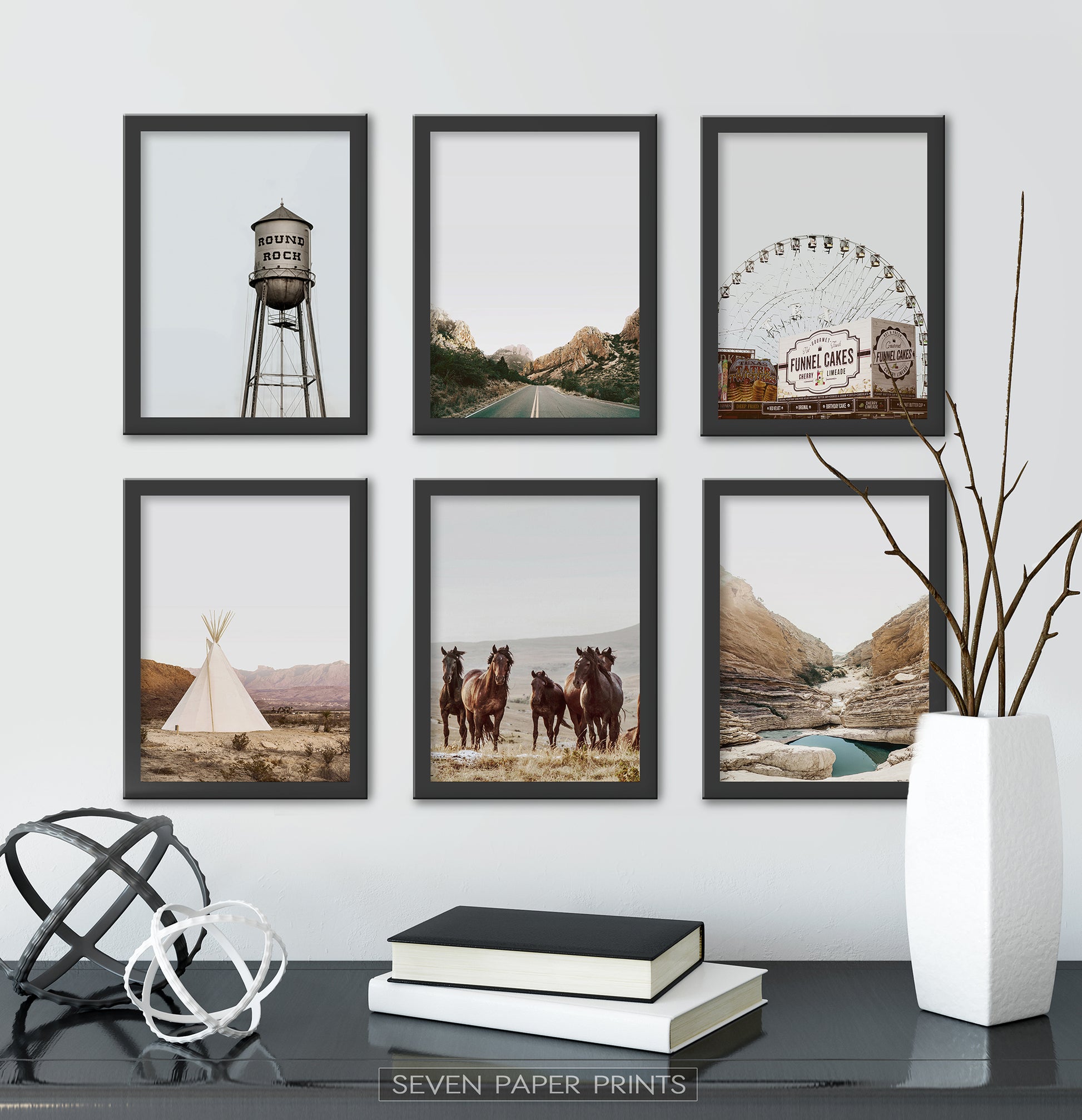 Black-framed Set Of 6 Above a Black Shelf