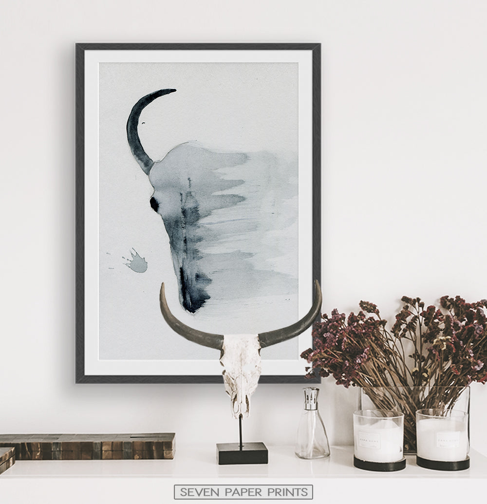 Smudged Bull Skull Watercolor Print in Black and White