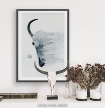 Load image into Gallery viewer, Smudged Bull Skull Watercolor Print in Black and White
