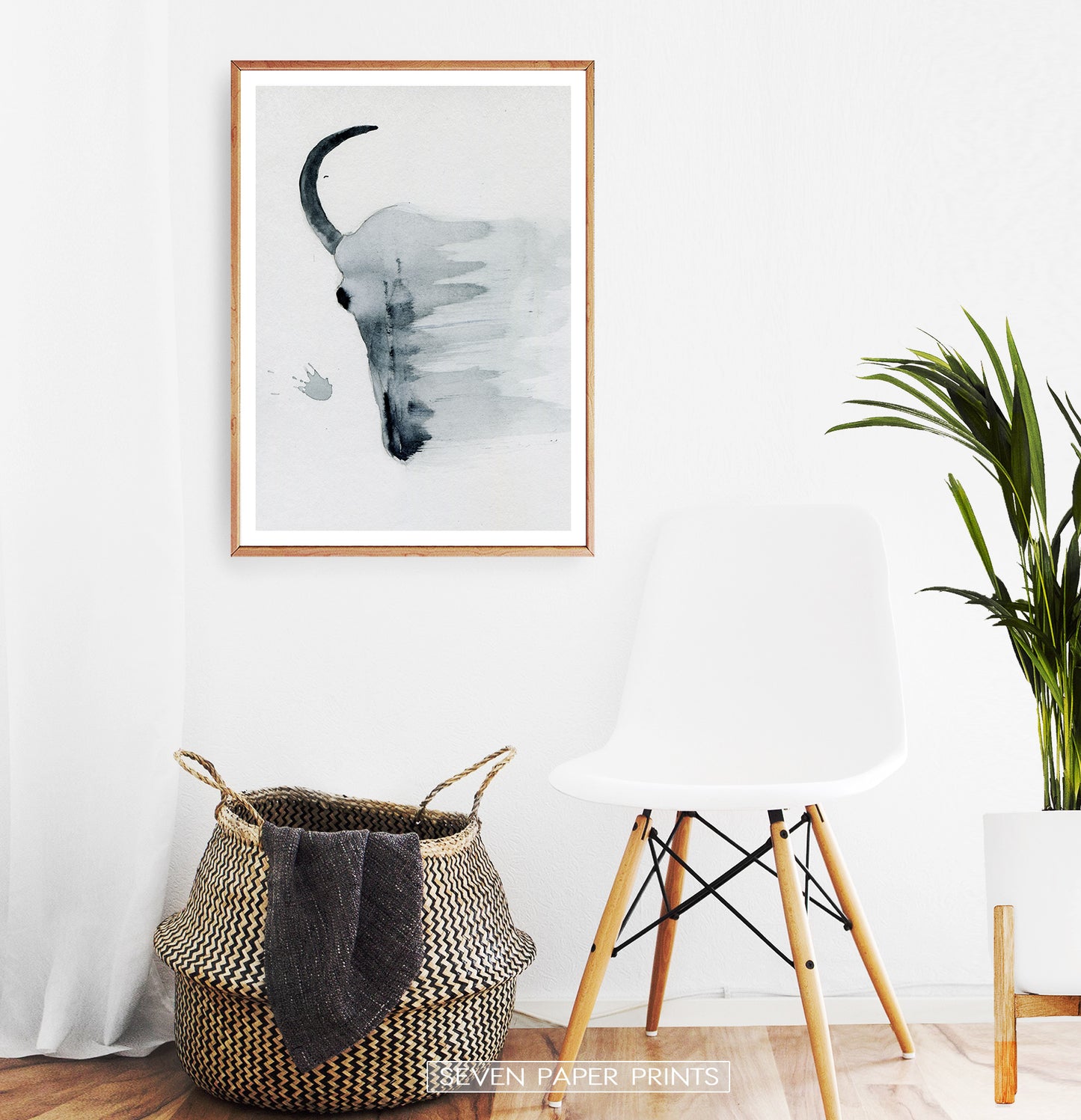 Smudged Bull Skull Watercolor Print in Black and White