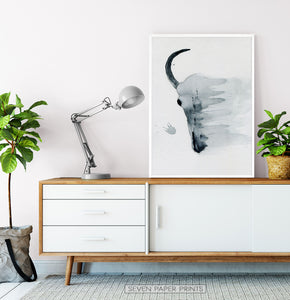 Smudged Bull Skull Watercolor Print in Black and White