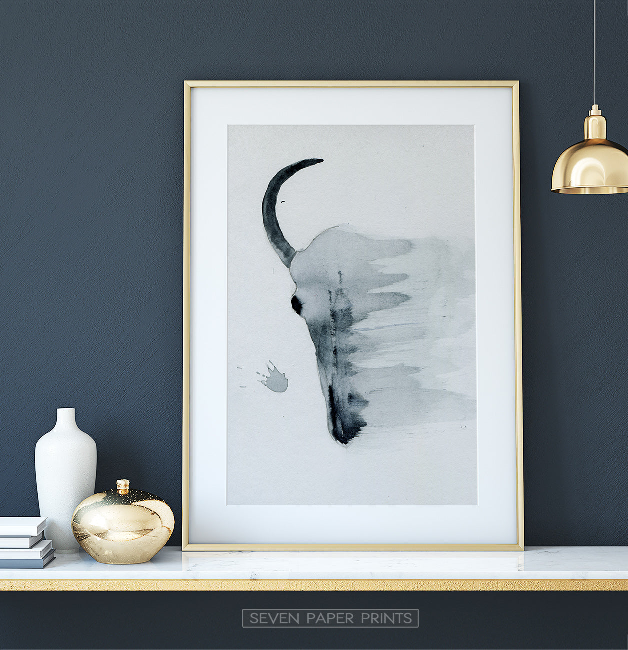 Smudged Bull Skull Watercolor Print in Black and White