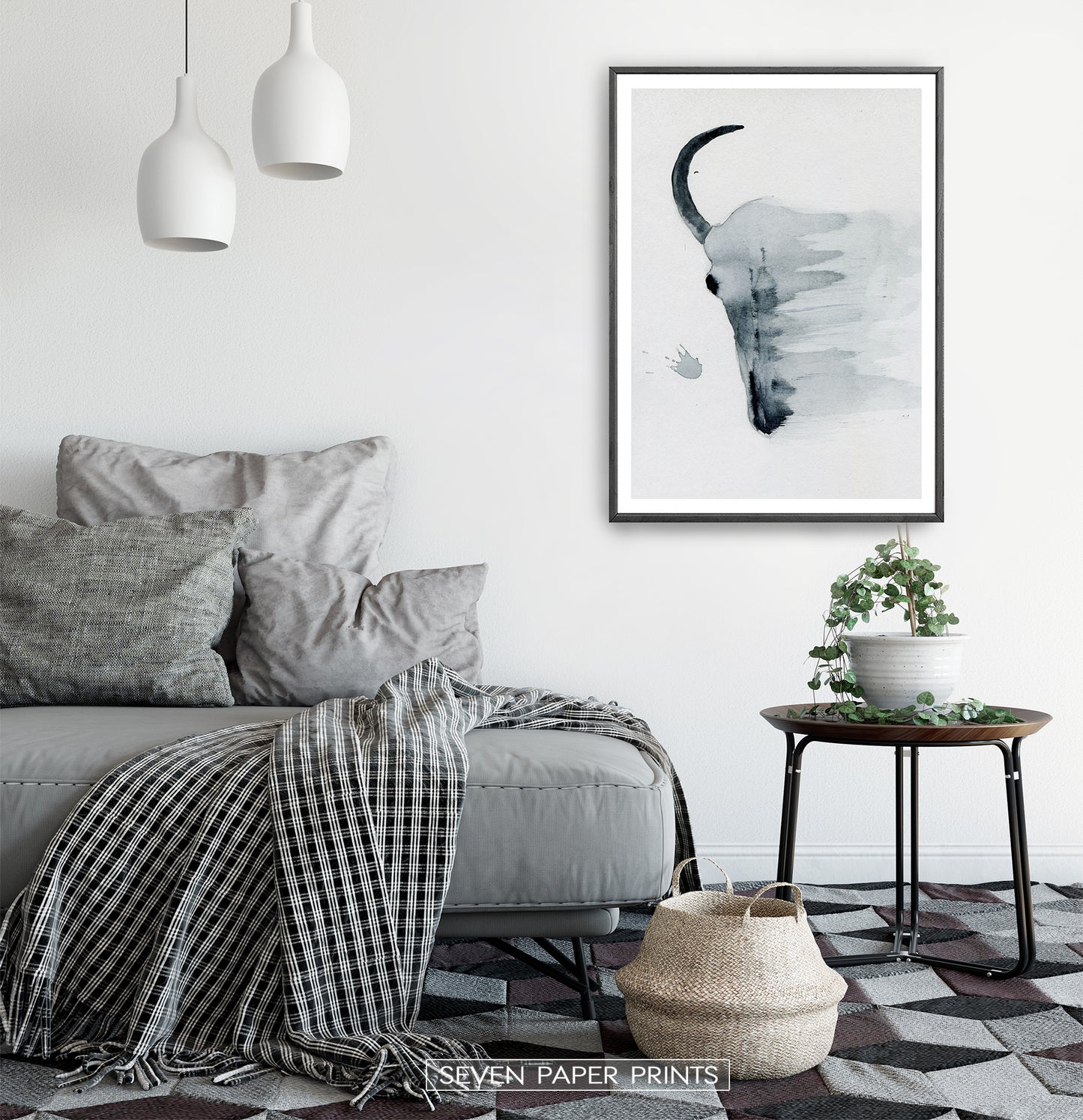 Smudged Bull Skull Watercolor Print in Black and White