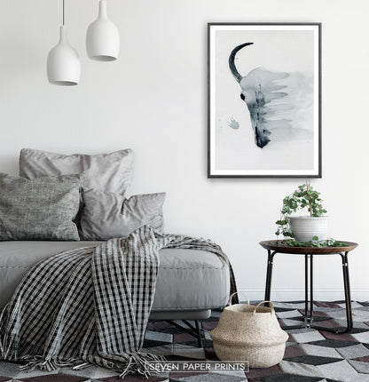 Smudged Bull Skull Watercolor Print in Black and White