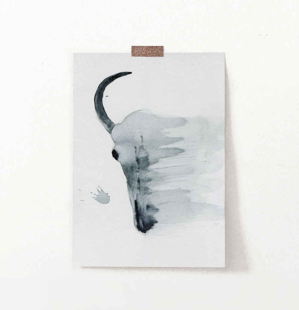 Smudged Bull Skull Watercolor Print in Black and White