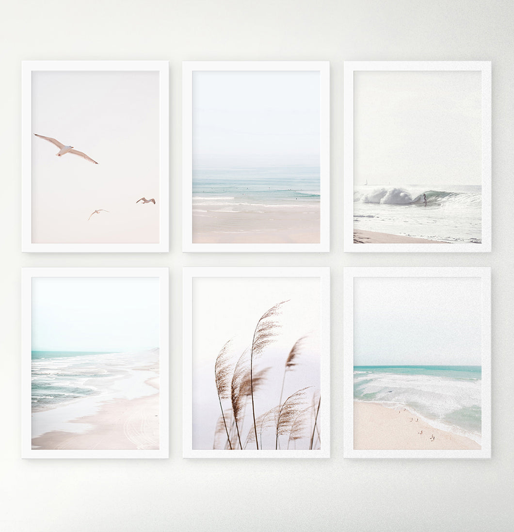 Beige Ocean Print Set - Framed. Waves, Seagulls, Reed