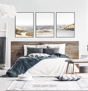 Gray Sea Beach Set of 3 Prints. Bedroom Decor