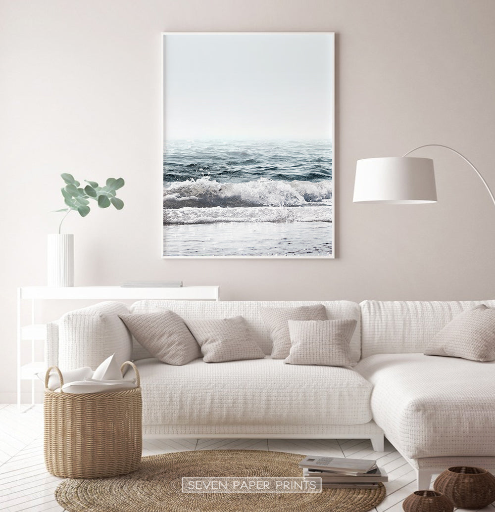 Blue Ocean Wave Print for Beige Living Room