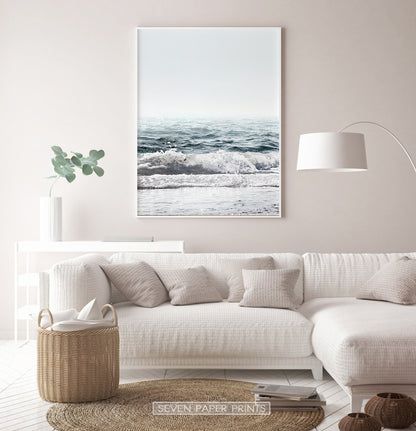 Blue Ocean Wave Print for Beige Living Room