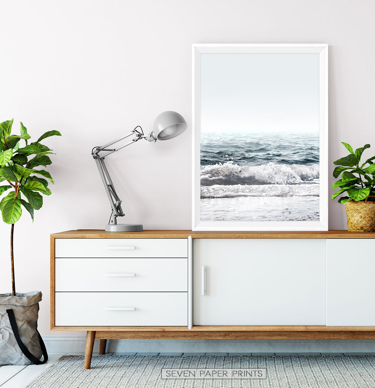 Sea Waves Print on the table with drawers