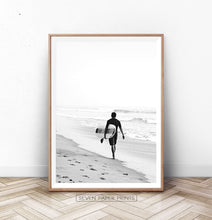 Load image into Gallery viewer, Surfer Walking on Beach Black and White Print
