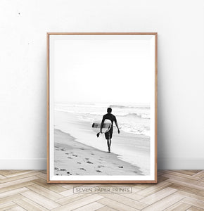 Surfer Walking on Beach Black and White Print