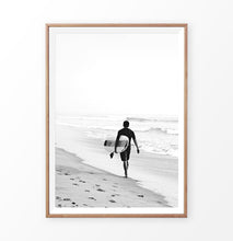 Load image into Gallery viewer, Black and surfer print, surfer walking alone on the beach
