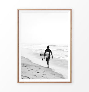 Black and surfer print, surfer walking alone on the beach