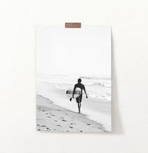 Load image into Gallery viewer, Surfer Walking on Beach Black and White Print
