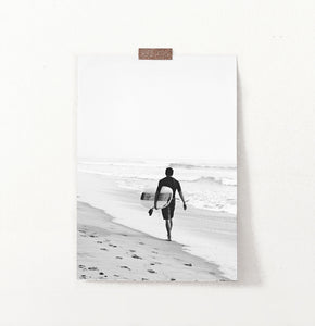 Surfer Walking on Beach Black and White Print