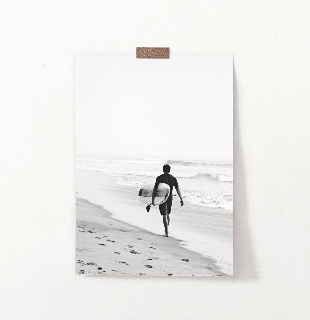 Surfer Walking on Beach Black and White Print