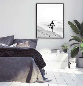 Surfer Walking on Beach Black and White Print