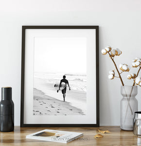 Surfer Walking on Beach Black and White Print