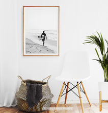 Load image into Gallery viewer, Surfer Walking on Beach Black and White Print
