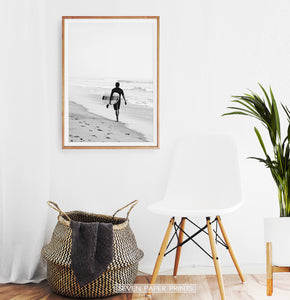 Surfer Walking on Beach Black and White Print