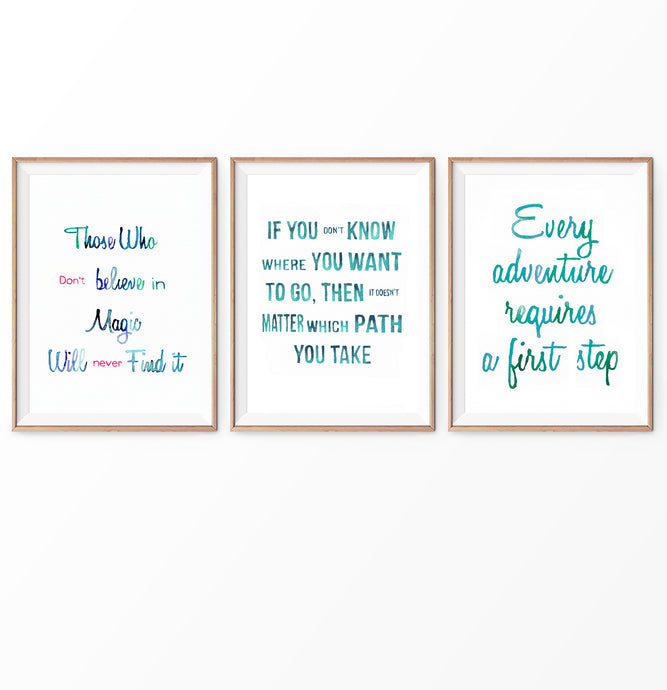 Alice in Wonderland Quotes in Turquoise Watercolor Set of 3 