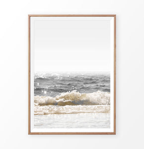 Beach waves retro print, crystal ocean water