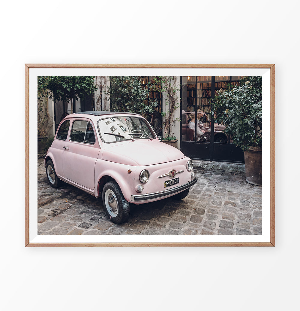 Pink Fiat 500 wall art, Paris, France