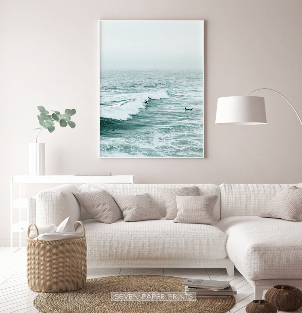 Turquoise Ocean Waves and Surfers Photography for Living Room Wall Decor