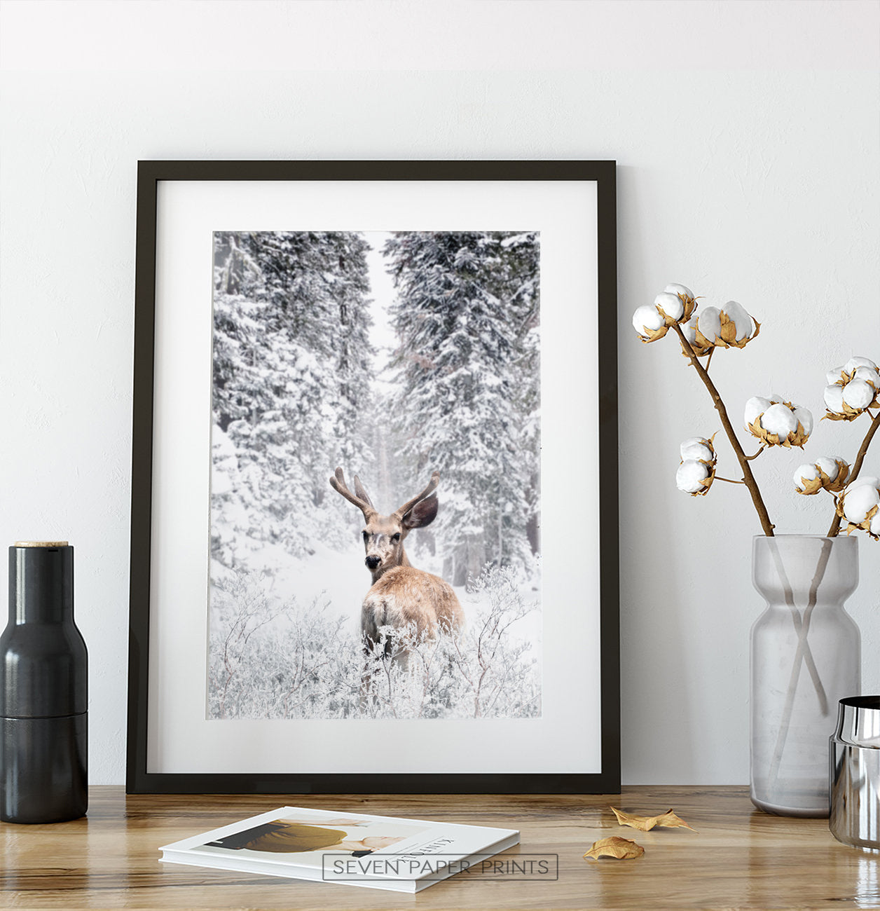Black-framed on a wooden shelf
